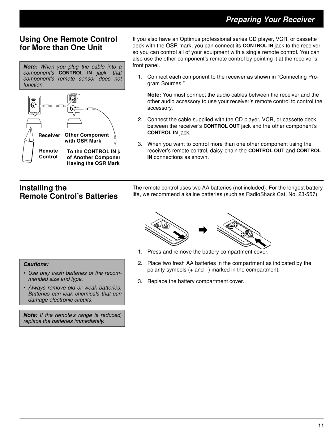 Optimus STA-3500 owner manual Installing Remote Control’s Batteries, Using One Remote Control for More than One Unit 