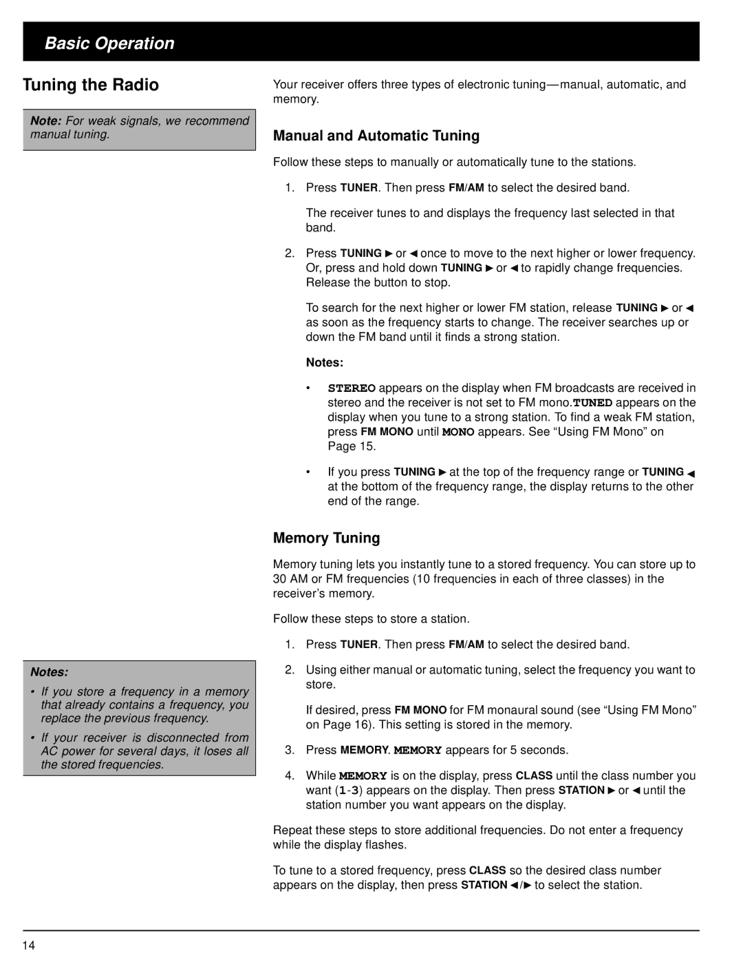 Optimus STA-3500 owner manual Tuning the Radio, Manual and Automatic Tuning, Memory Tuning 