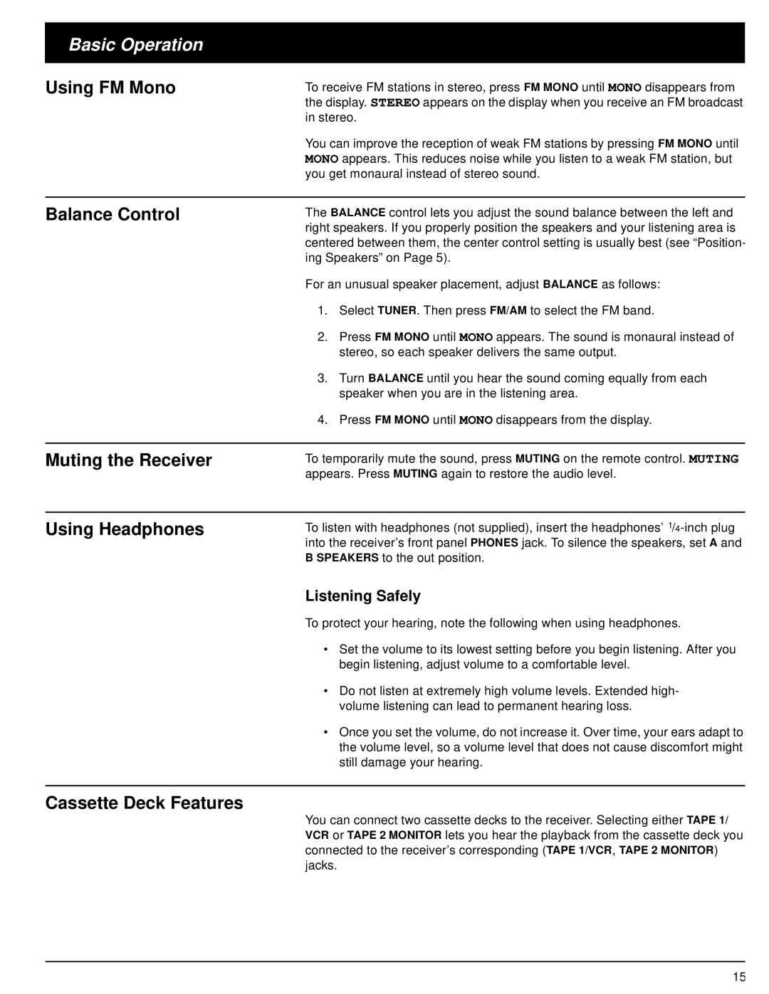 Optimus STA-3500 owner manual Using FM Mono, Balance Control, Muting the Receiver, Using Headphones, Cassette Deck Features 