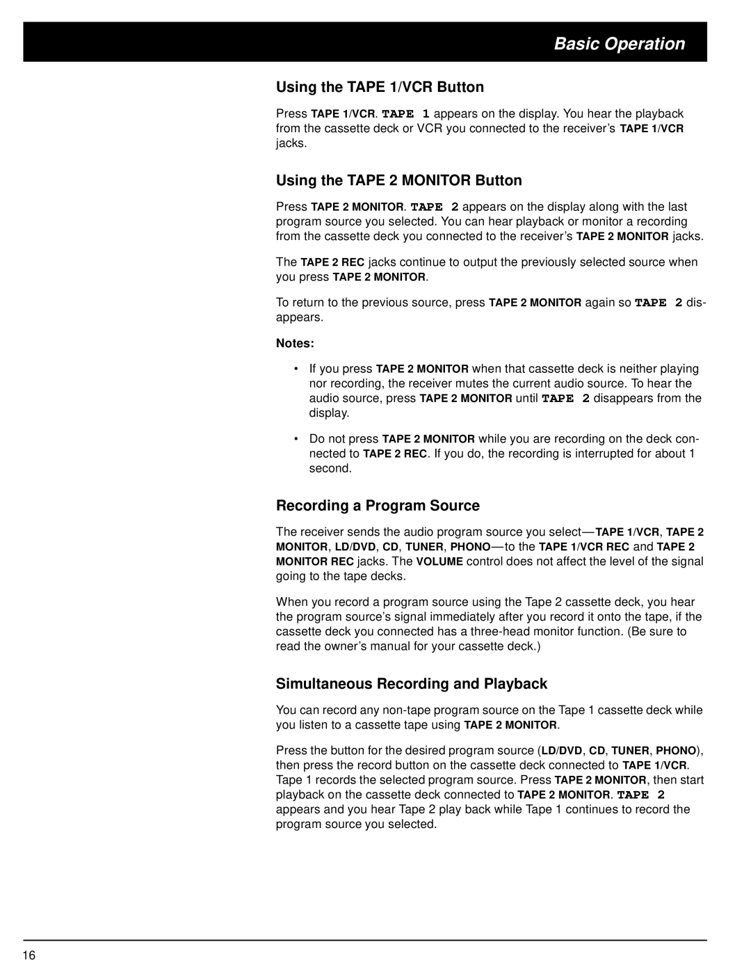 Optimus STA-3500 owner manual Using the Tape 1/VCR Button, Using the Tape 2 Monitor Button, Recording a Program Source 