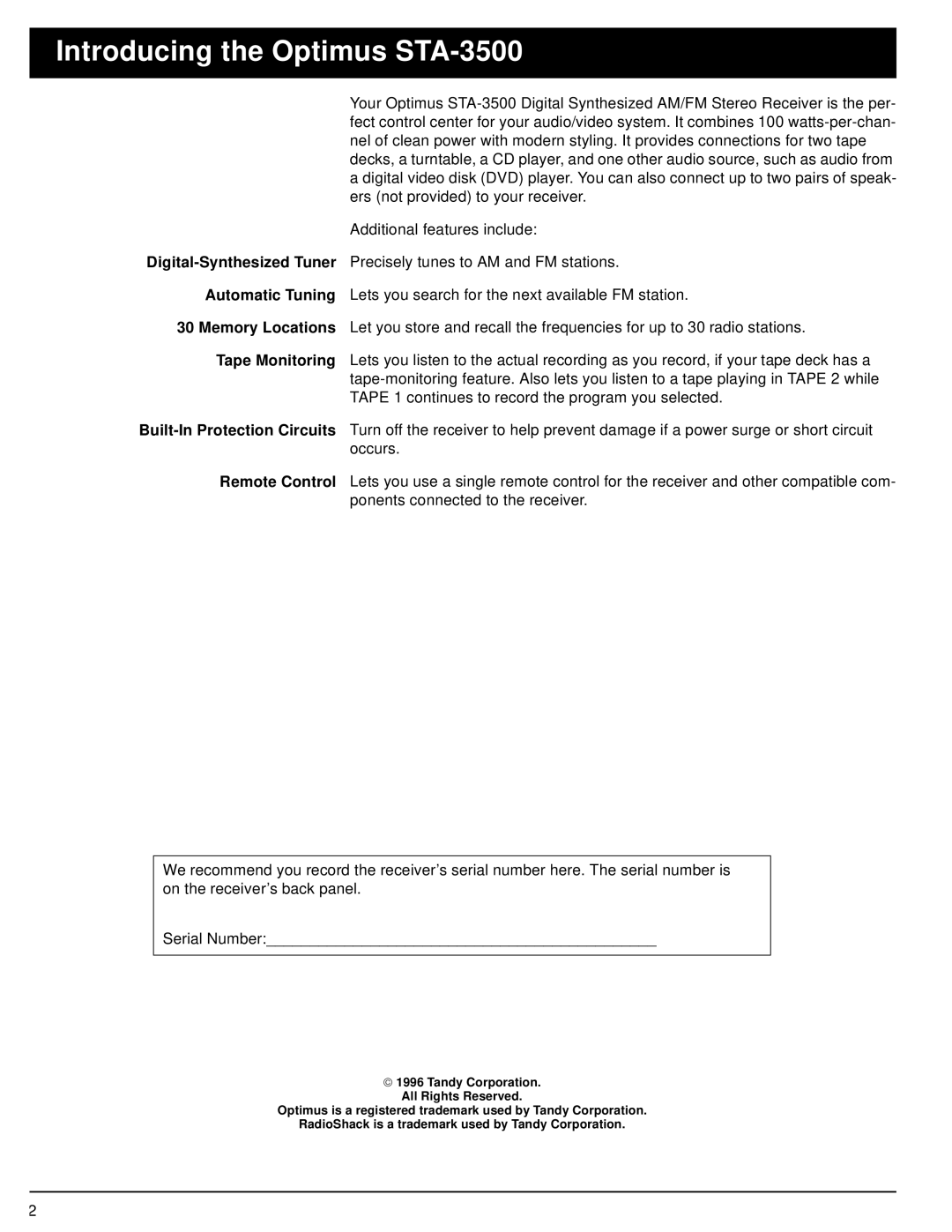 Optimus owner manual Introducing the Optimus STA-3500 