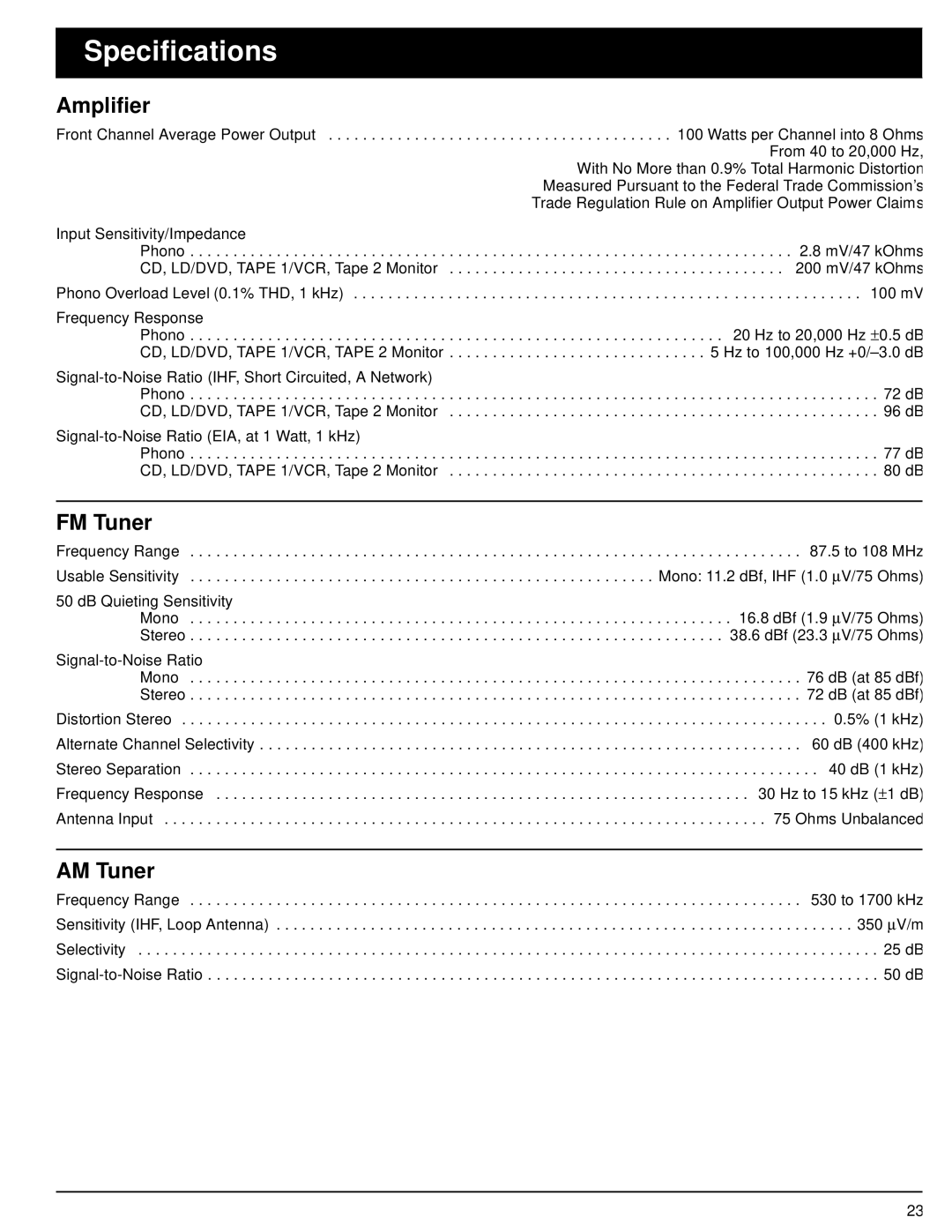 Optimus STA-3500 owner manual Specifications, Amplifier, FM Tuner, AM Tuner 