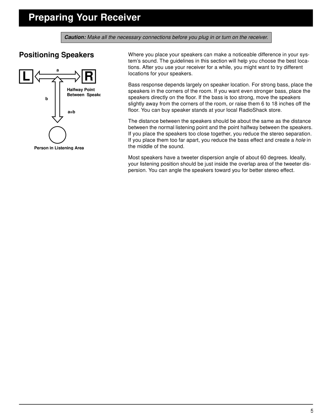 Optimus STA-3500 owner manual Preparing Your Receiver, Positioning Speakers 