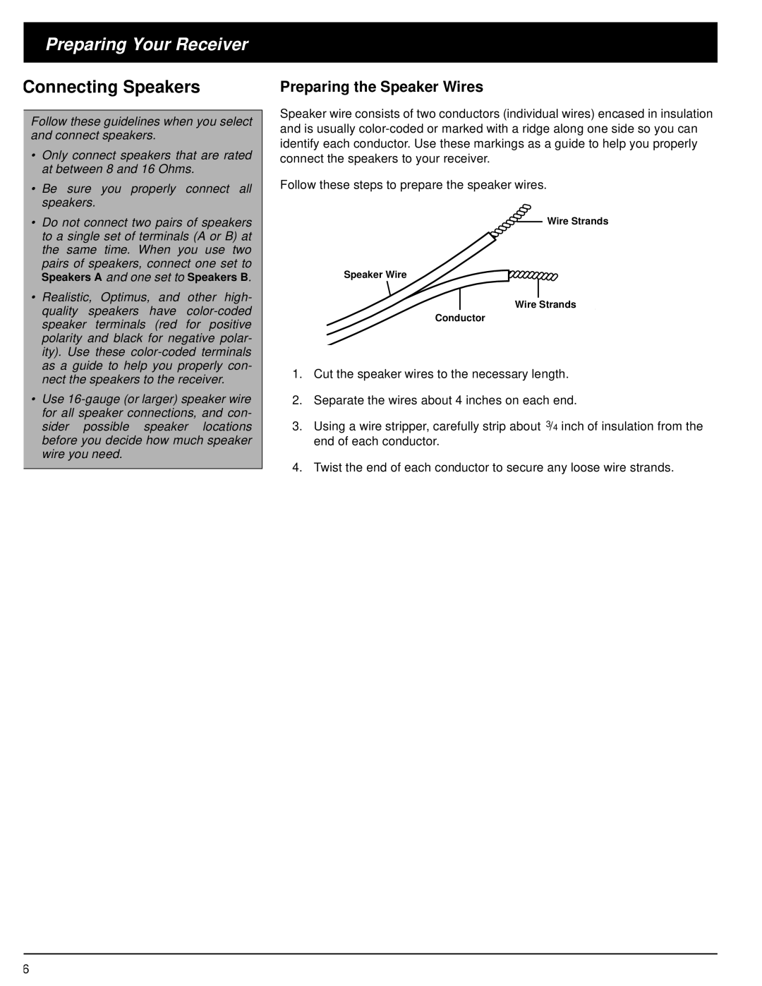 Optimus STA-3500 owner manual Connecting Speakers, Preparing the Speaker Wires 