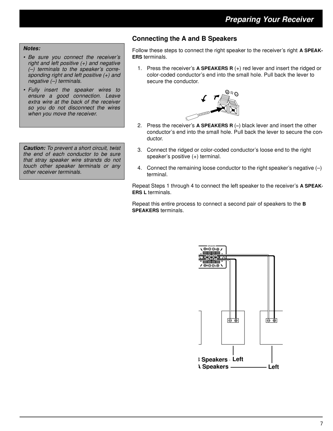 Optimus STA-3500 owner manual Connecting the a and B Speakers 