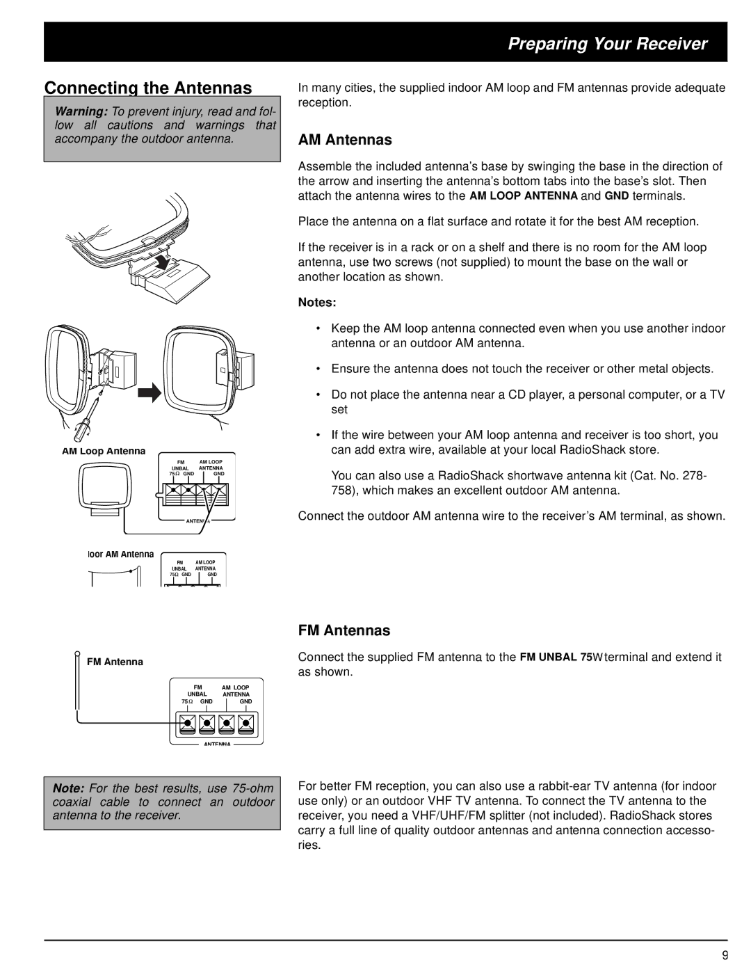 Optimus STA-3500 owner manual Connecting the Antennas, AM Antennas, FM Antennas 