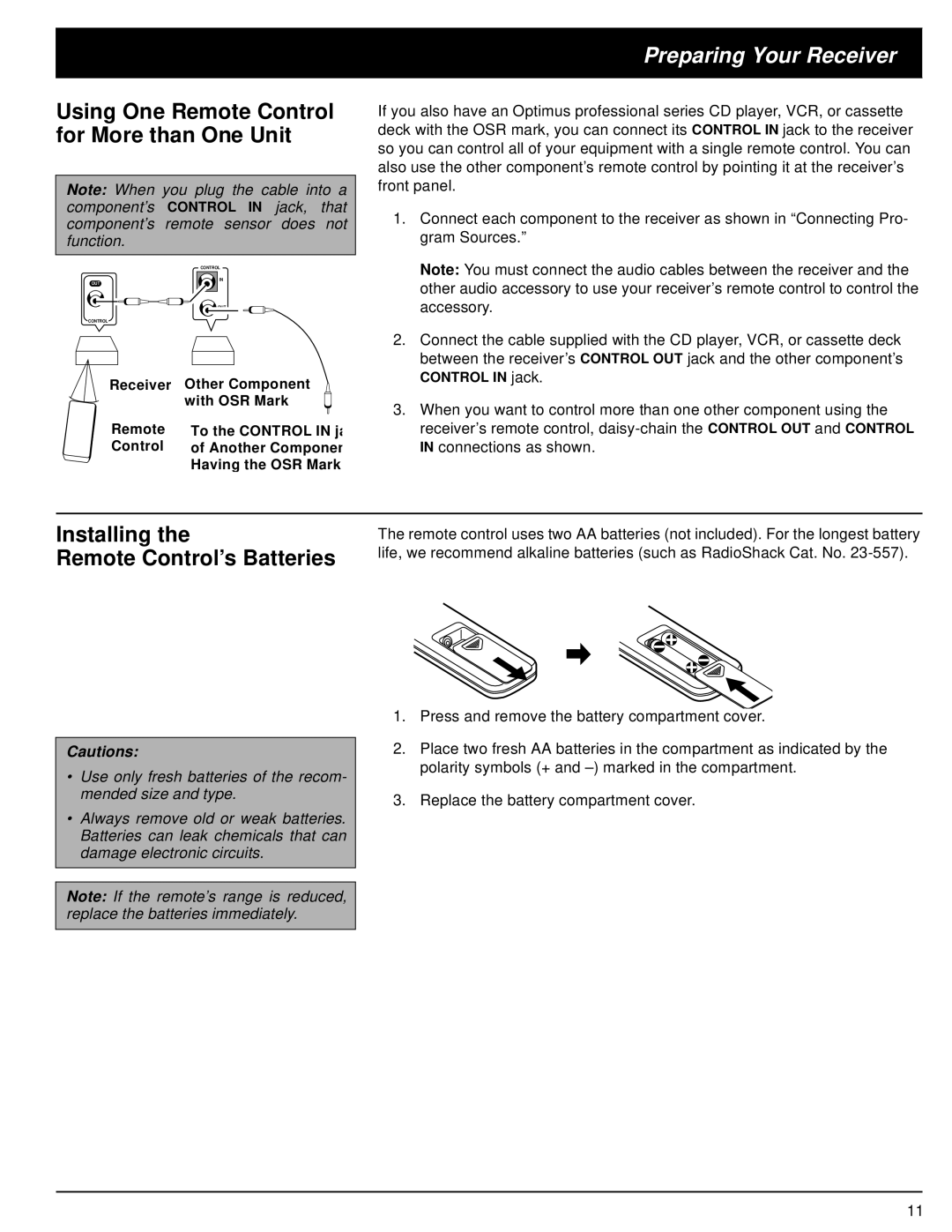 Optimus STA-3500 owner manual Installing the Remote Control’s Batteries, Cautions, Preparing Your Receiver 