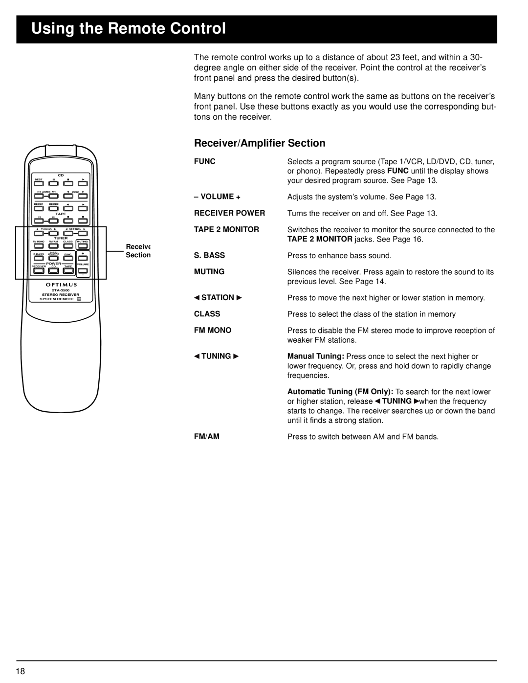 Optimus STA-3500 owner manual Using the Remote Control, Receiver/Amplifier Section 