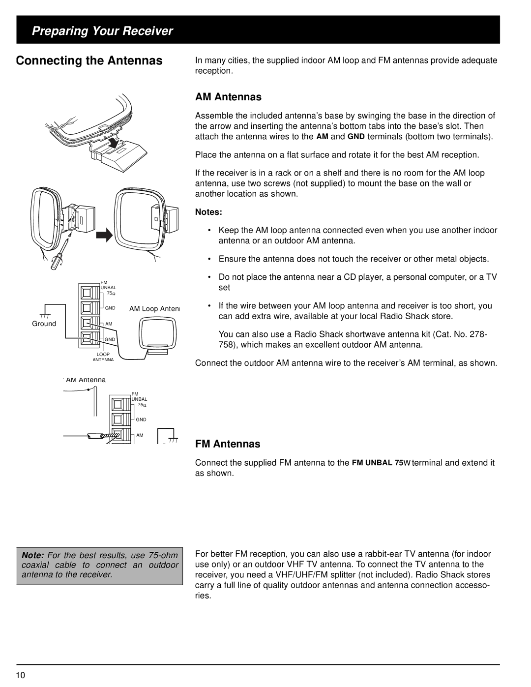 Optimus STAV-3370 owner manual Connecting the Antennas, AM Antennas, FM Antennas 