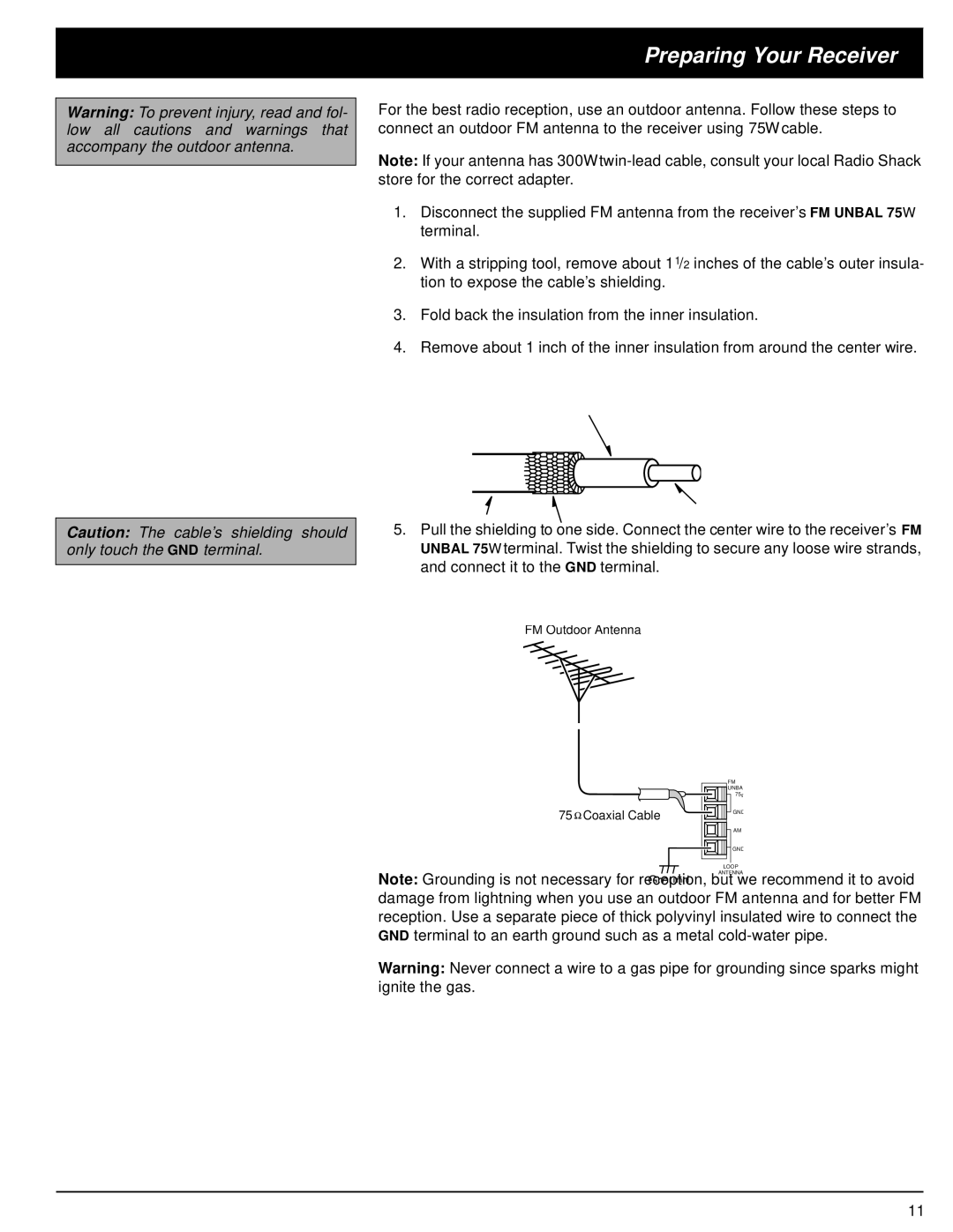 Optimus STAV-3370 owner manual FM Outdoor Antenna Coaxial Cable 