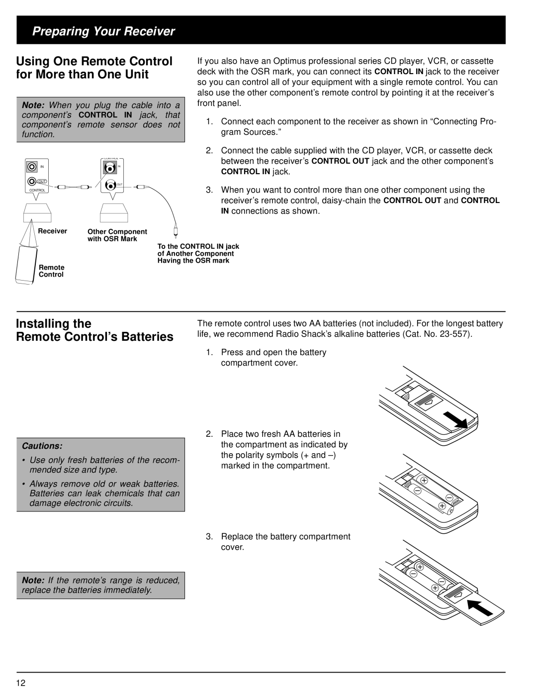 Optimus STAV-3370 owner manual Installing Remote Control’s Batteries, Using One Remote Control for More than One Unit 