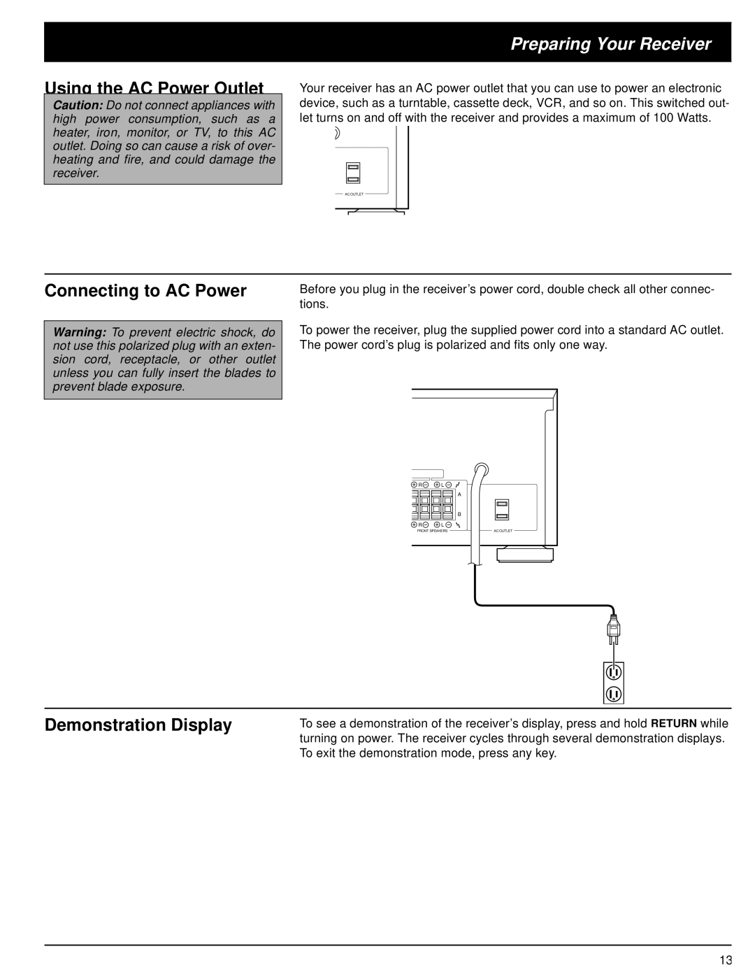 Optimus STAV-3370 owner manual Using the AC Power Outlet, Connecting to AC Power, Demonstration Display 