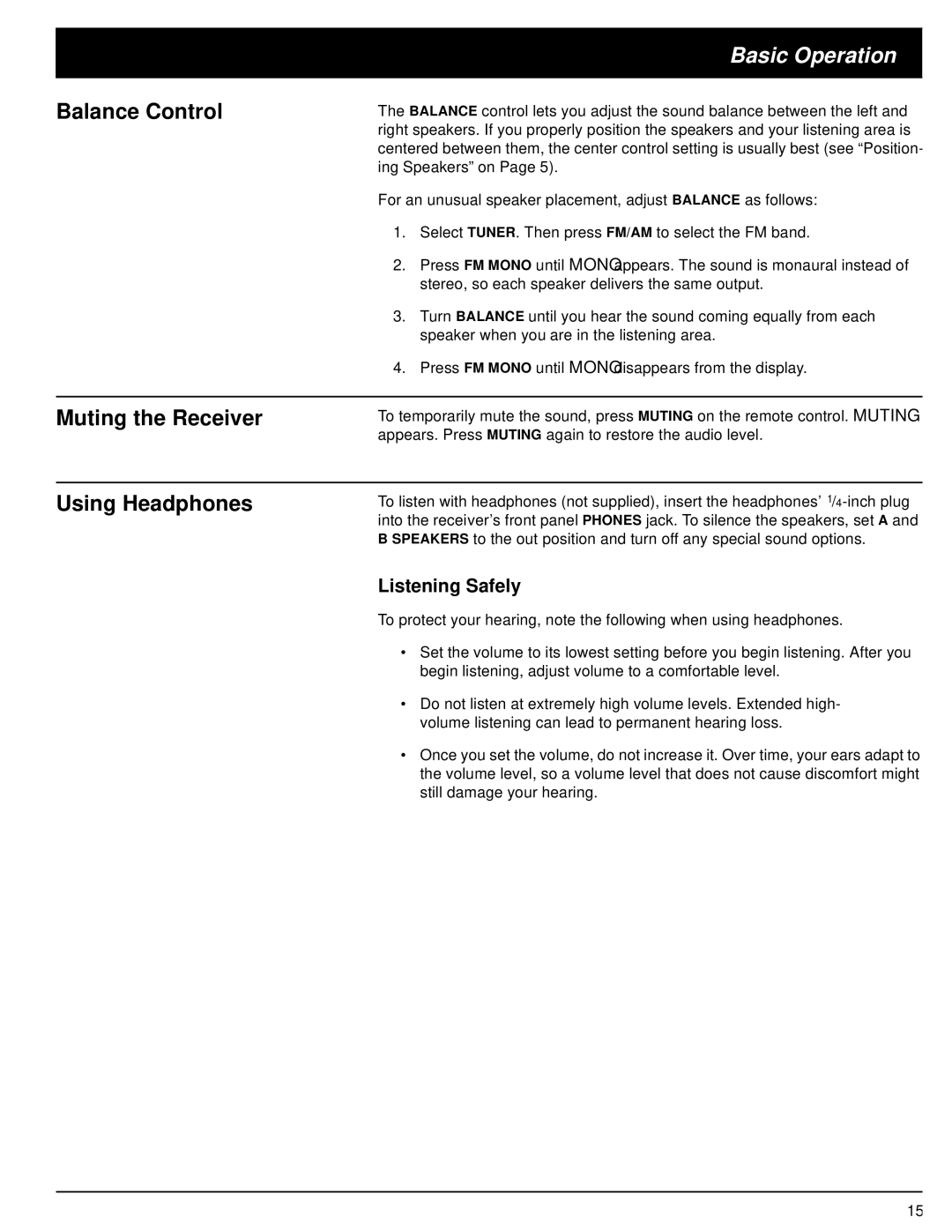 Optimus STAV-3370 owner manual Basic Operation, Balance Control, Muting the Receiver, Using Headphones, Listening Safely 