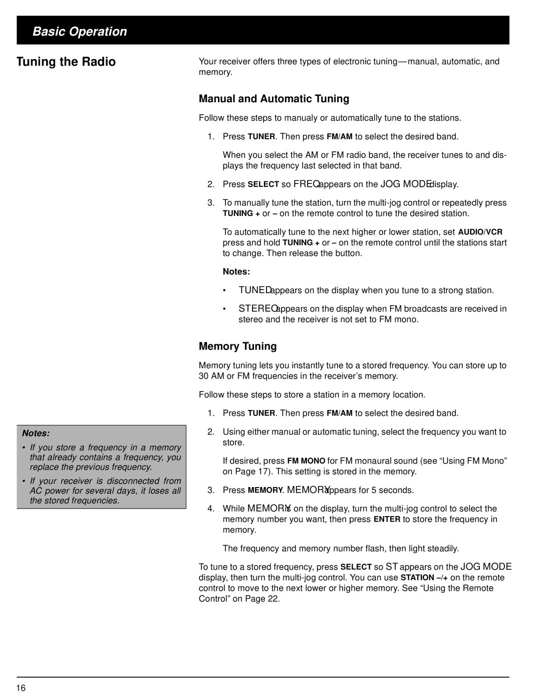 Optimus STAV-3370 owner manual Tuning the Radio, Manual and Automatic Tuning, Memory Tuning 