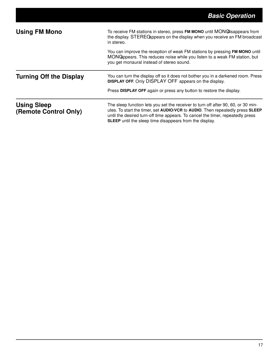 Optimus STAV-3370 owner manual Using FM Mono, Turning Off the Display, Using Sleep Remote Control Only 