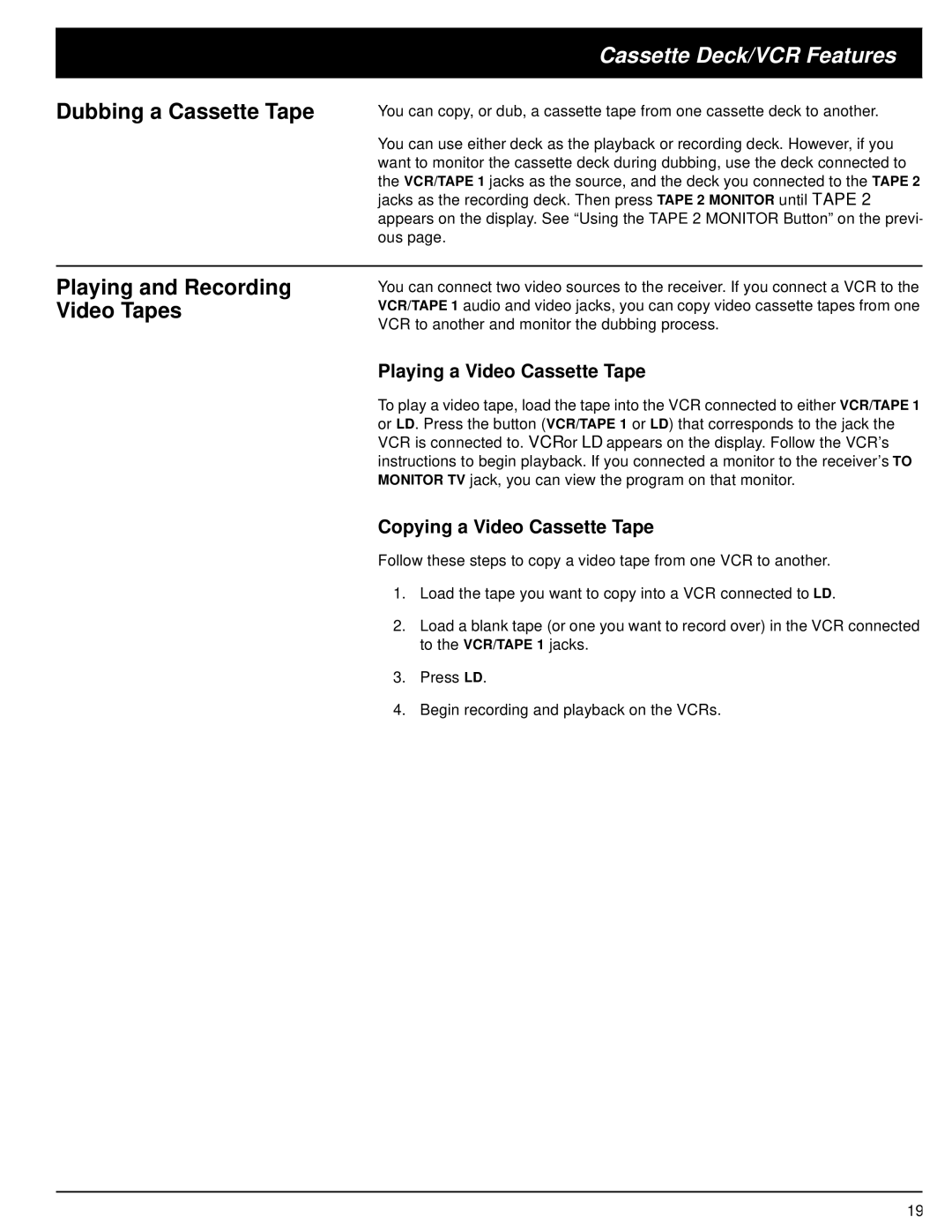 Optimus STAV-3370 owner manual Cassette Deck/VCR Features, Dubbing a Cassette Tape, Playing a Video Cassette Tape 