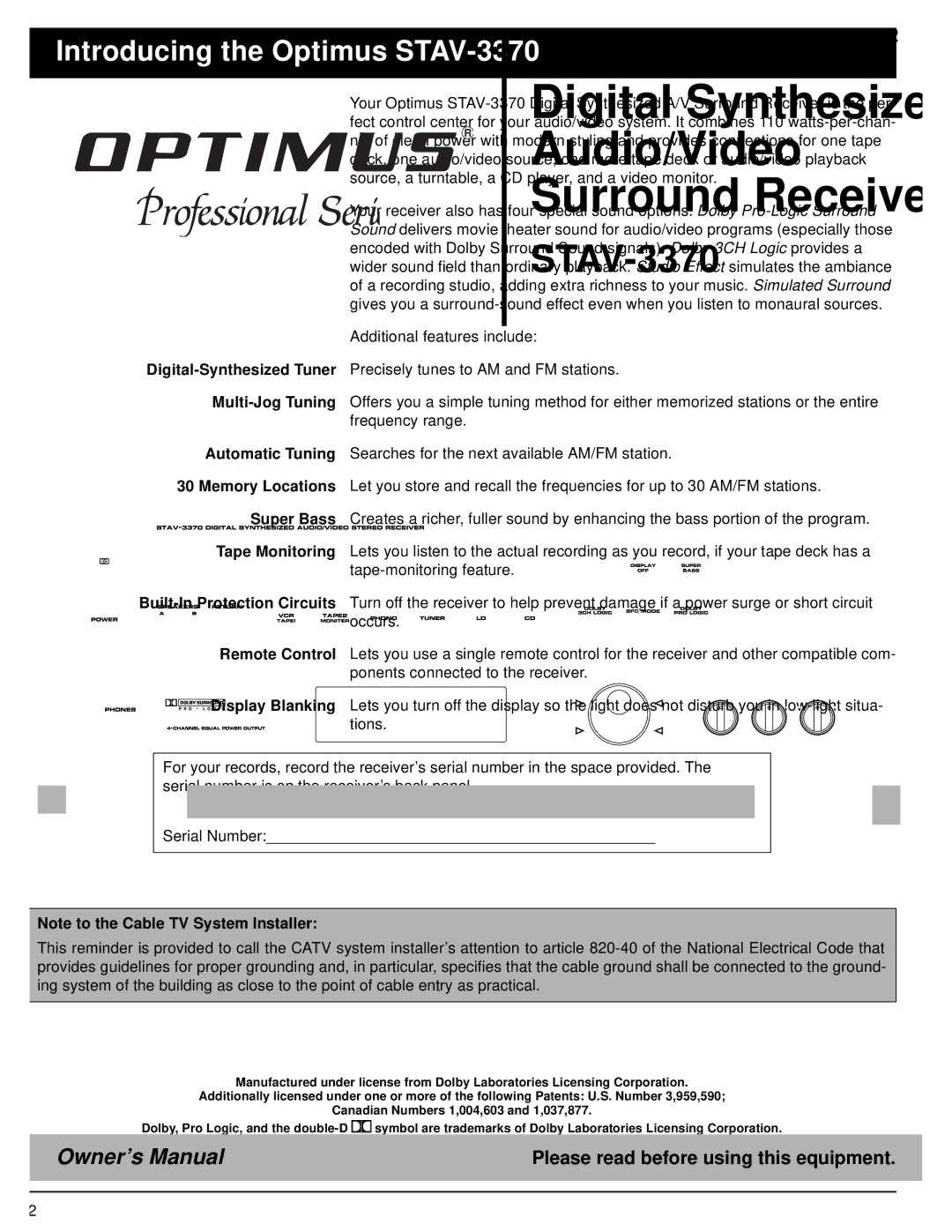 Optimus owner manual Introducing the Optimus STAV-3370 