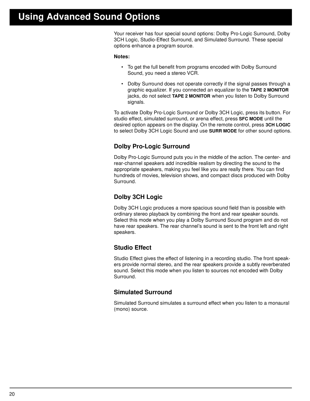 Optimus STAV-3370 owner manual Using Advanced Sound Options, Dolby Pro-Logic Surround, Dolby 3CH Logic, Studio Effect 