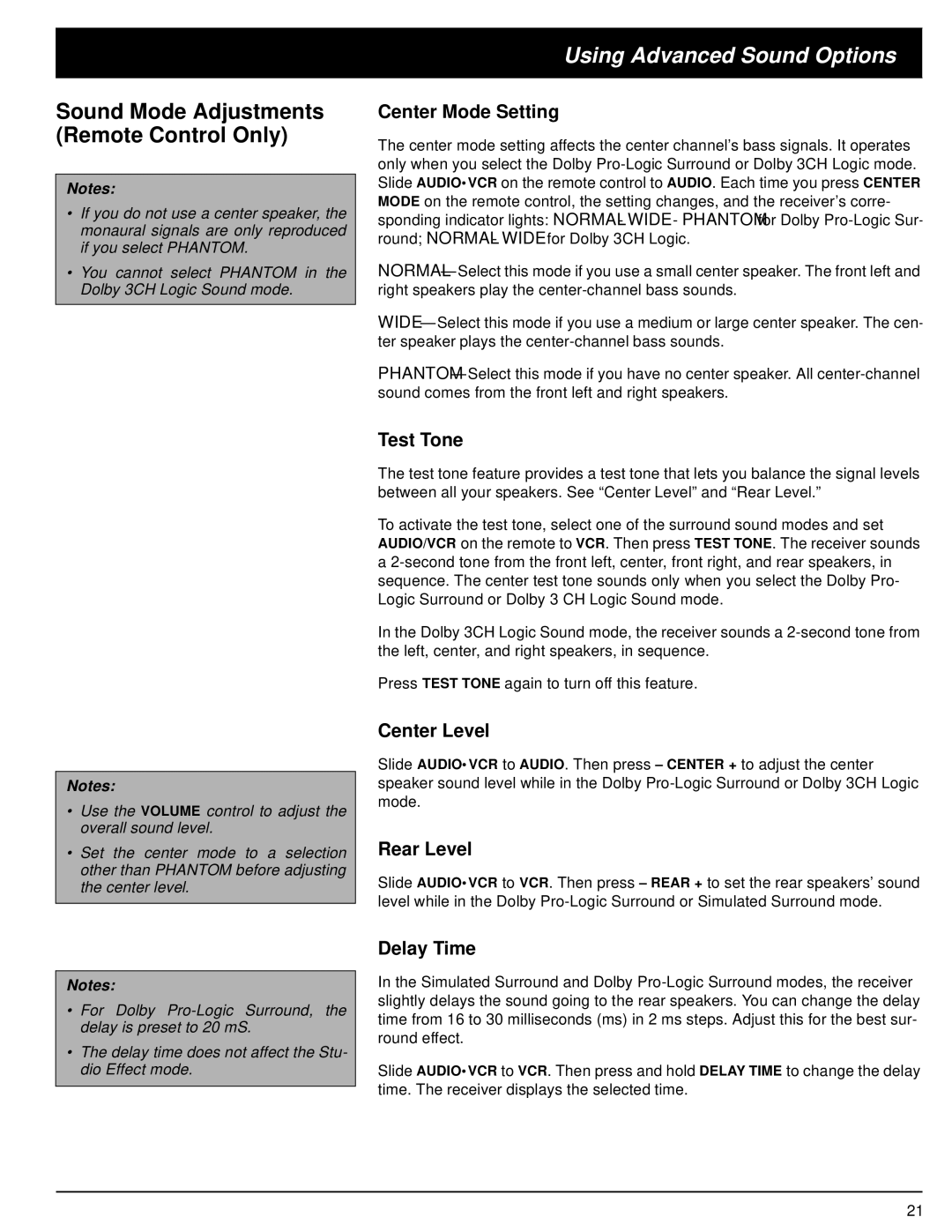 Optimus STAV-3370 owner manual Using Advanced Sound Options 