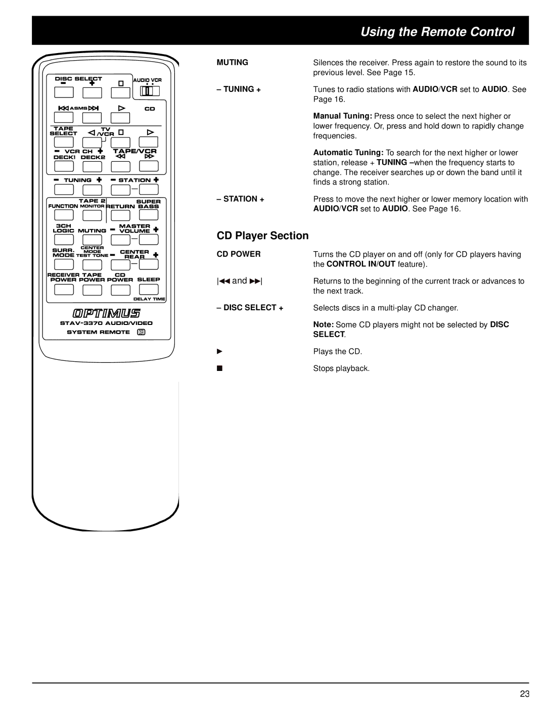 Optimus STAV-3370 owner manual Using the Remote Control, CD Player Section 