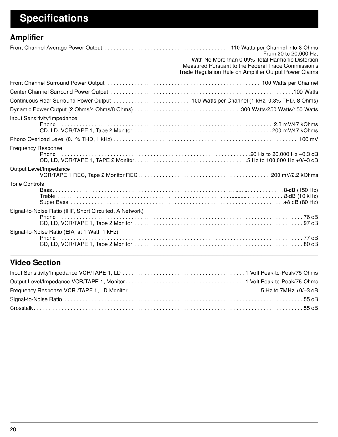 Optimus STAV-3370 owner manual Specifications, Amplifier, Video Section 