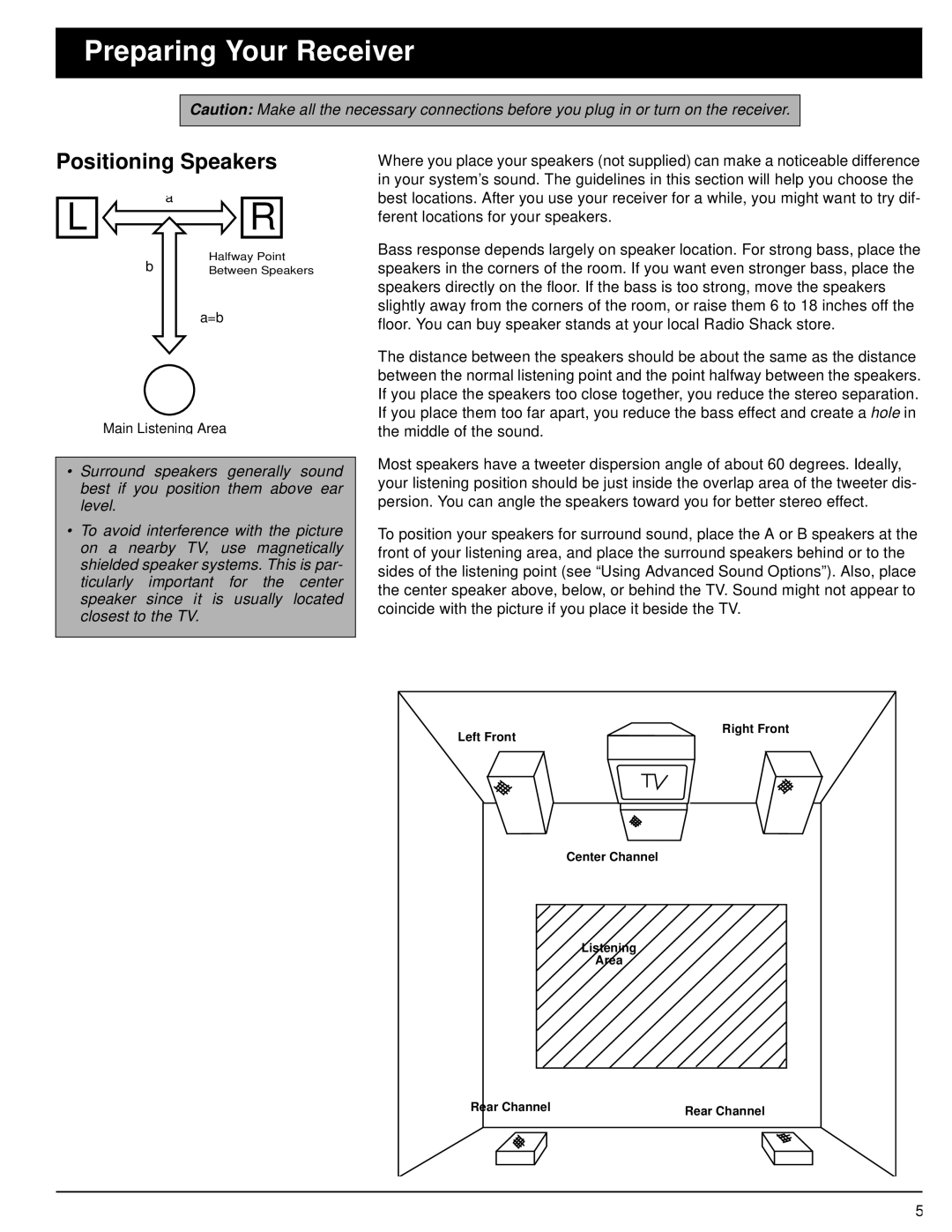 Optimus STAV-3370 owner manual Preparing Your Receiver, Positioning Speakers 