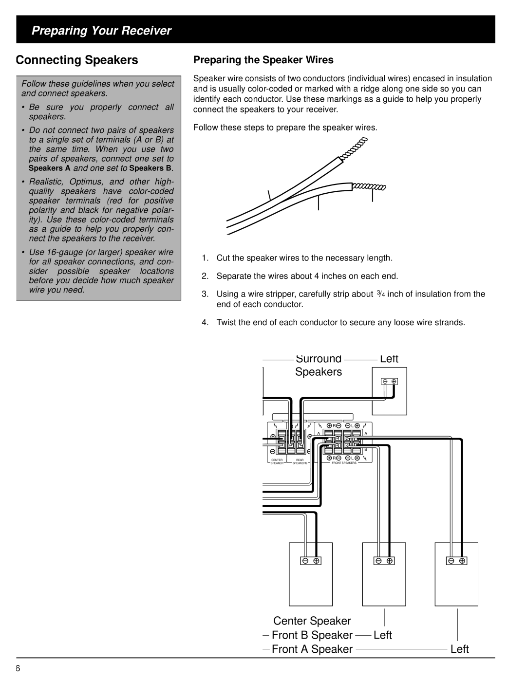 Optimus STAV-3370 owner manual Preparing Your Receiver, Connecting Speakers, Preparing the Speaker Wires 