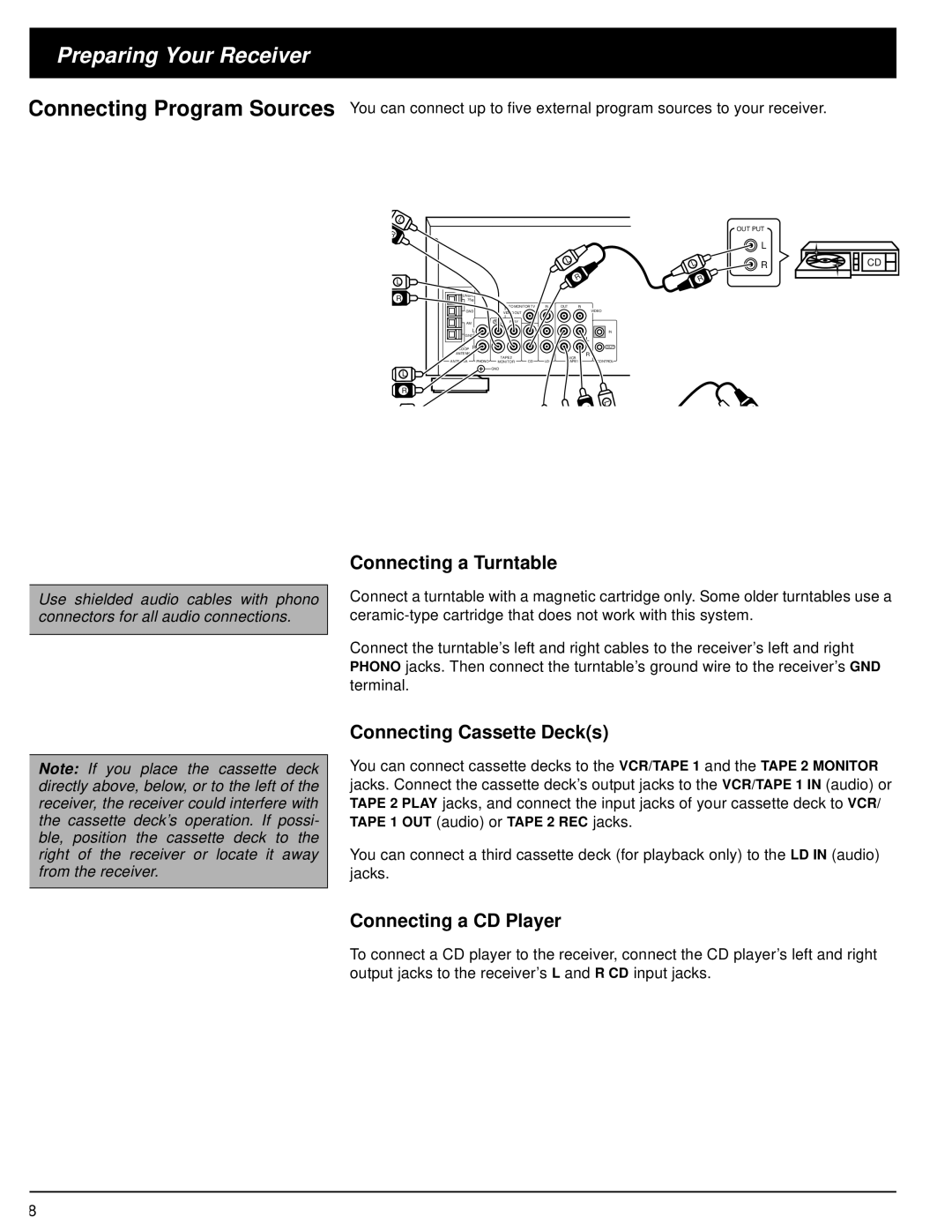 Optimus STAV-3370 owner manual Connecting a Turntable, Connecting Cassette Decks, Connecting a CD Player 