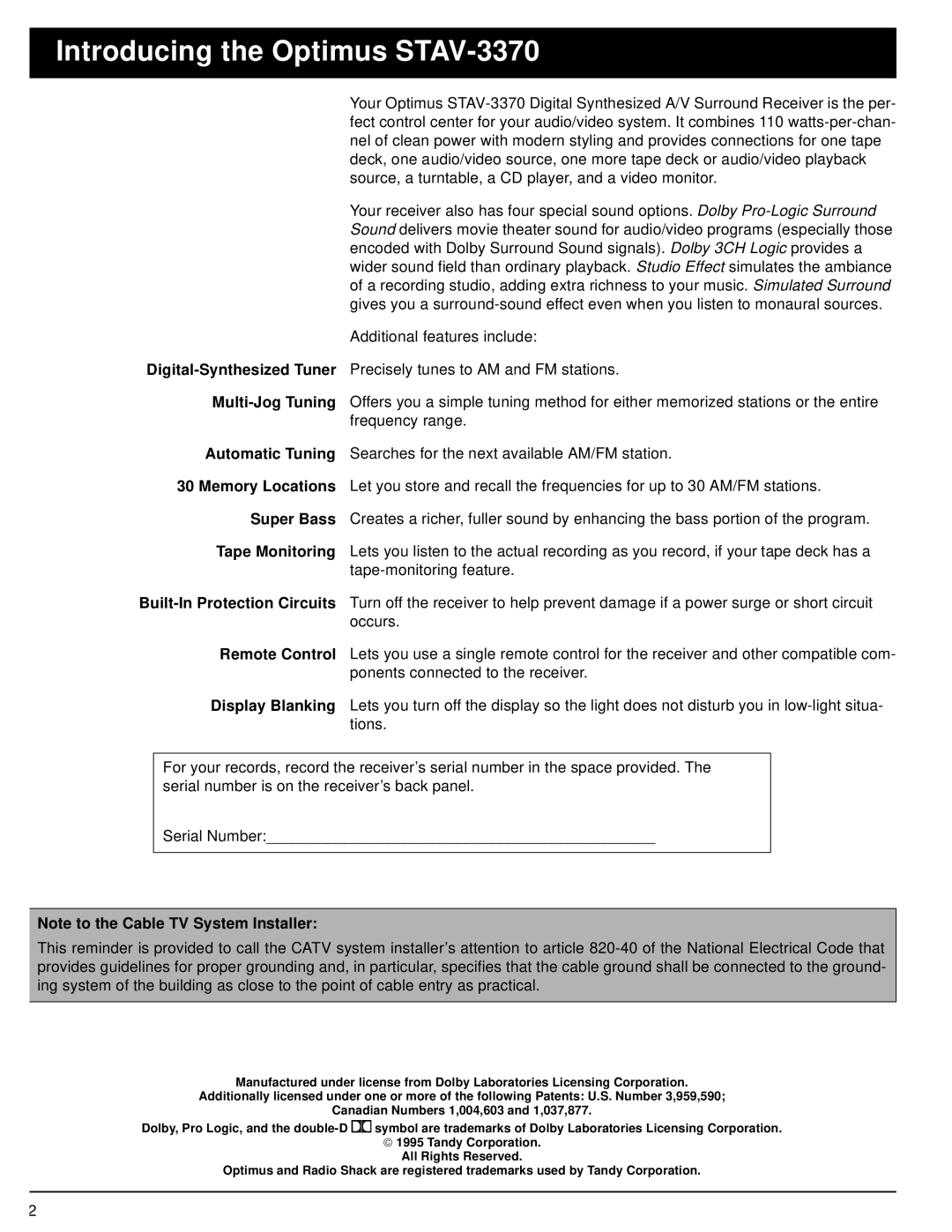 Optimus owner manual Introducing the Optimus STAV-3370, Note to the Cable TV System Installer 