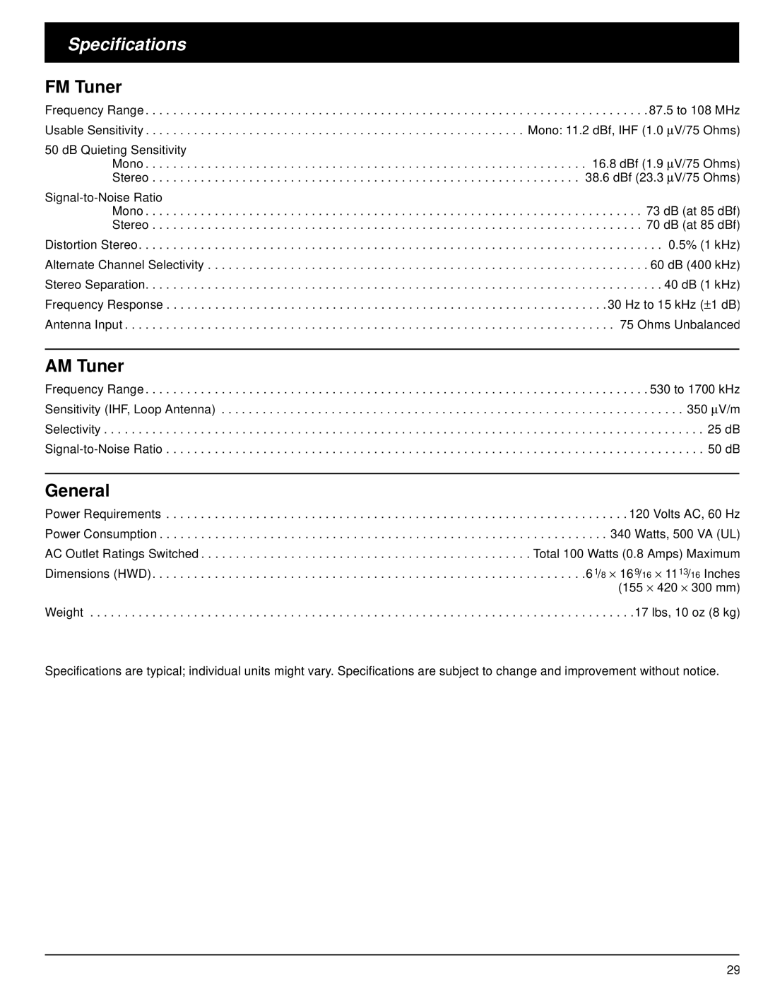Optimus STAV-3370 owner manual Specifications, FM Tuner, AM Tuner, General 