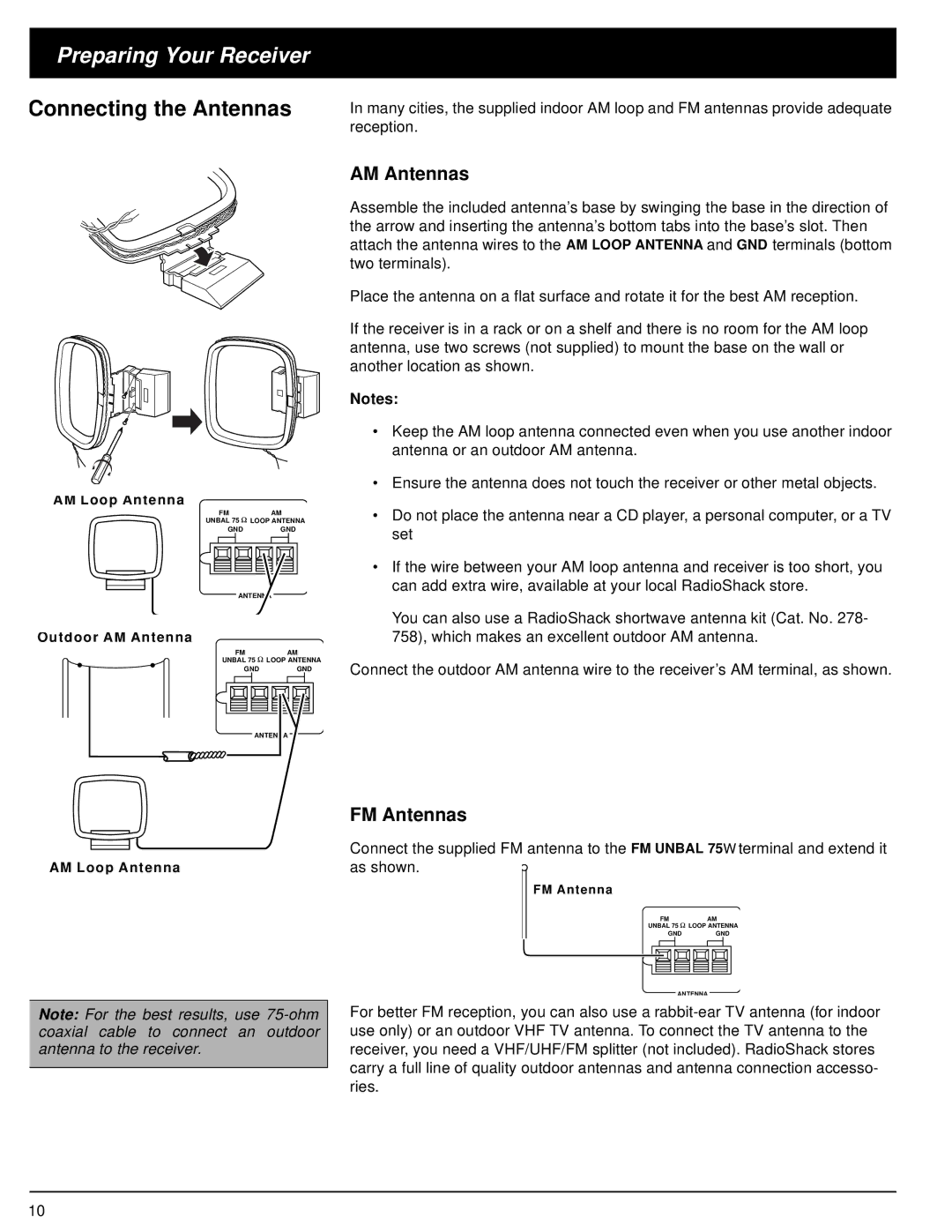 Optimus 31-3036, STAV-3570, STAV-3560, 31-3035 owner manual Connecting the Antennas, AM Antennas, FM Antennas 