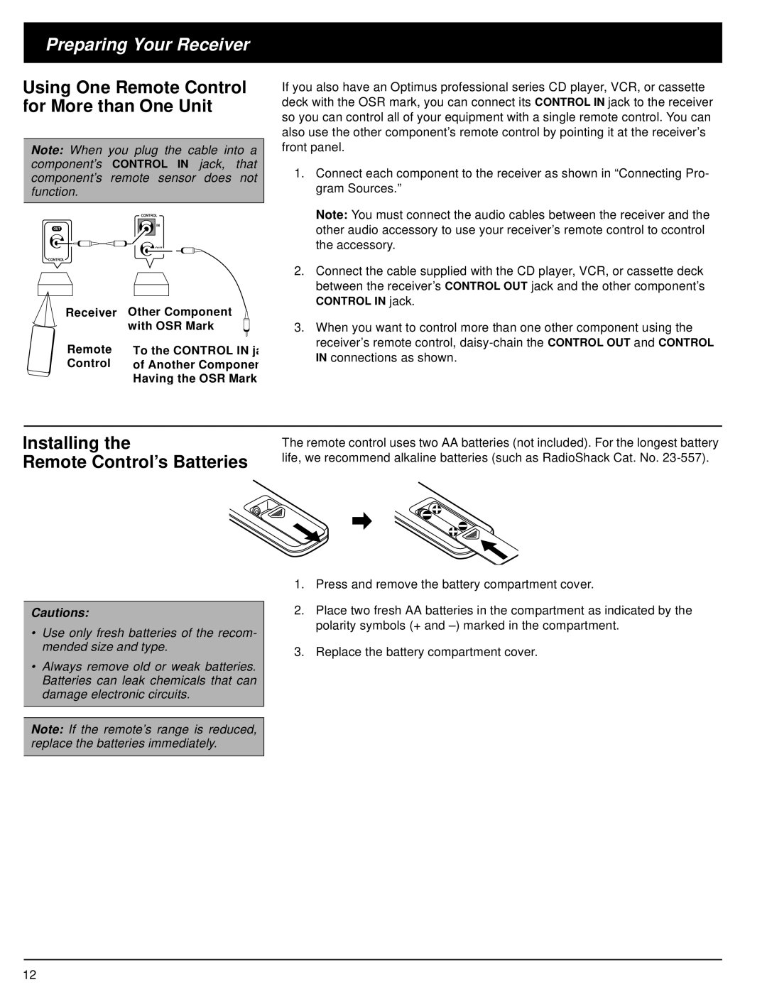 Optimus STAV-3570, STAV-3560 Installing Remote Control’s Batteries, Using One Remote Control for More than One Unit 