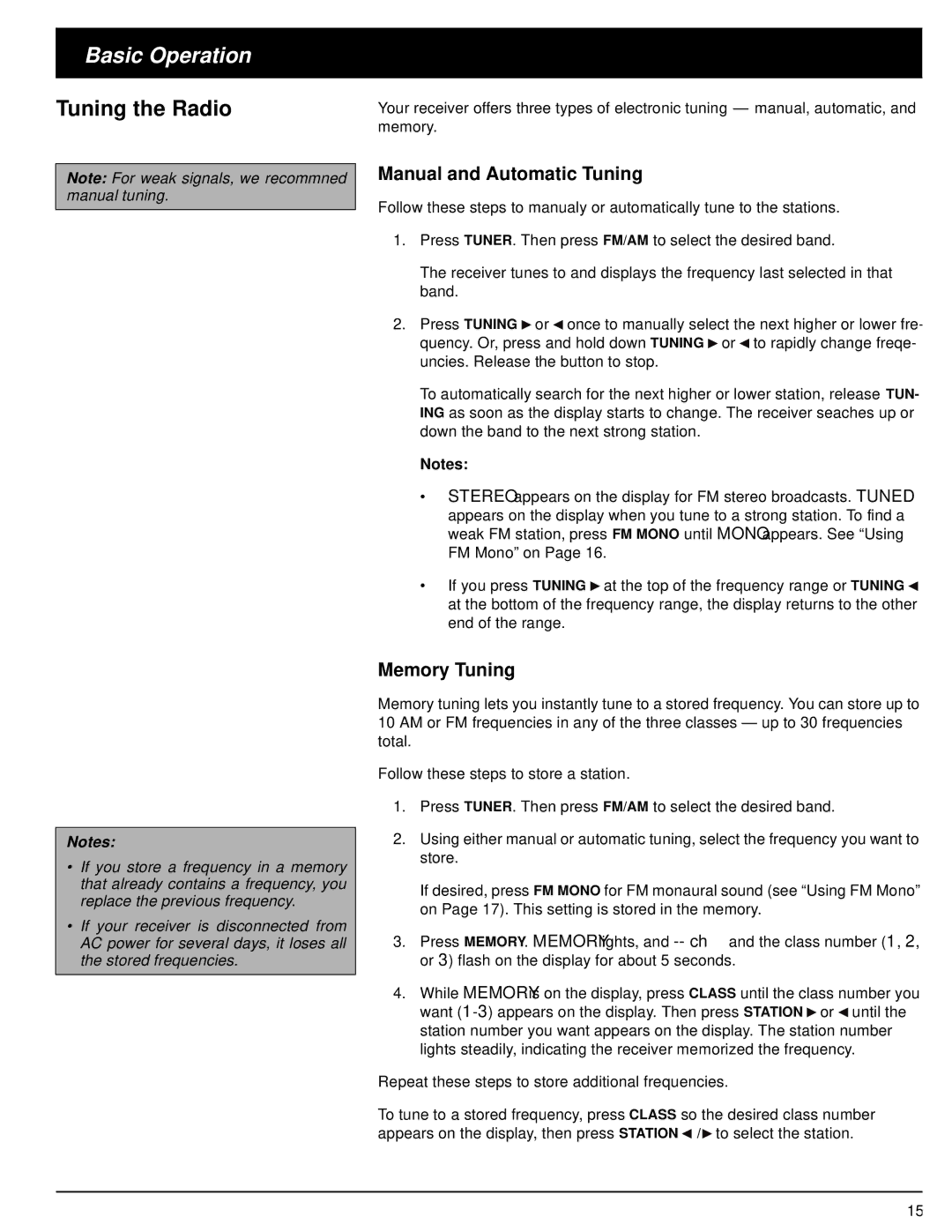 Optimus 31-3035, STAV-3570, STAV-3560, 31-3036 Basic Operation, Tuning the Radio, Manual and Automatic Tuning, Memory Tuning 