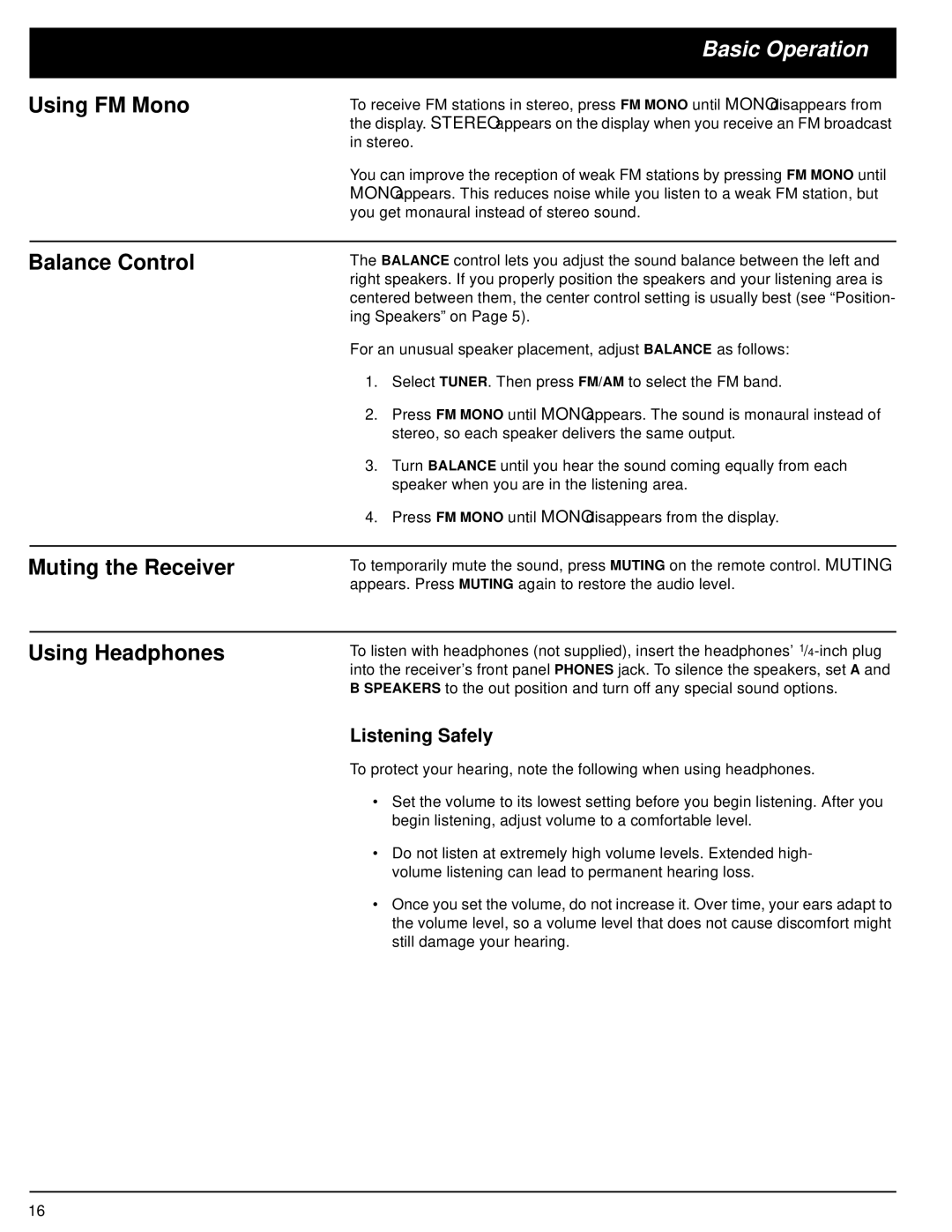 Optimus STAV-3570, STAV-3560 Using FM Mono, Balance Control, Muting the Receiver, Using Headphones, Listening Safely 