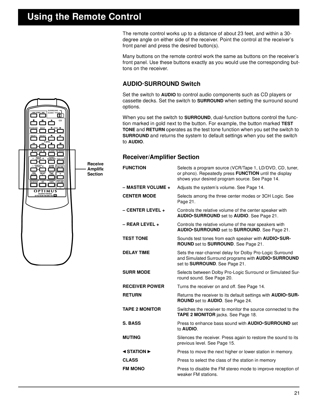 Optimus STAV-3560, STAV-3570, 31-3036, 31-3035 Using the Remote Control, AUDIO∙SURROUND Switch, Receiver/Amplifier Section 