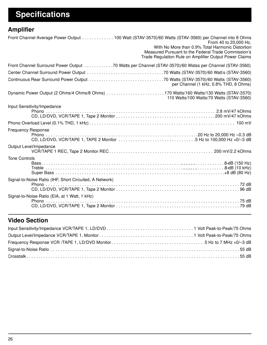 Optimus 31-3036, STAV-3570, STAV-3560, 31-3035 owner manual Specifications, Amplifier, Video Section 