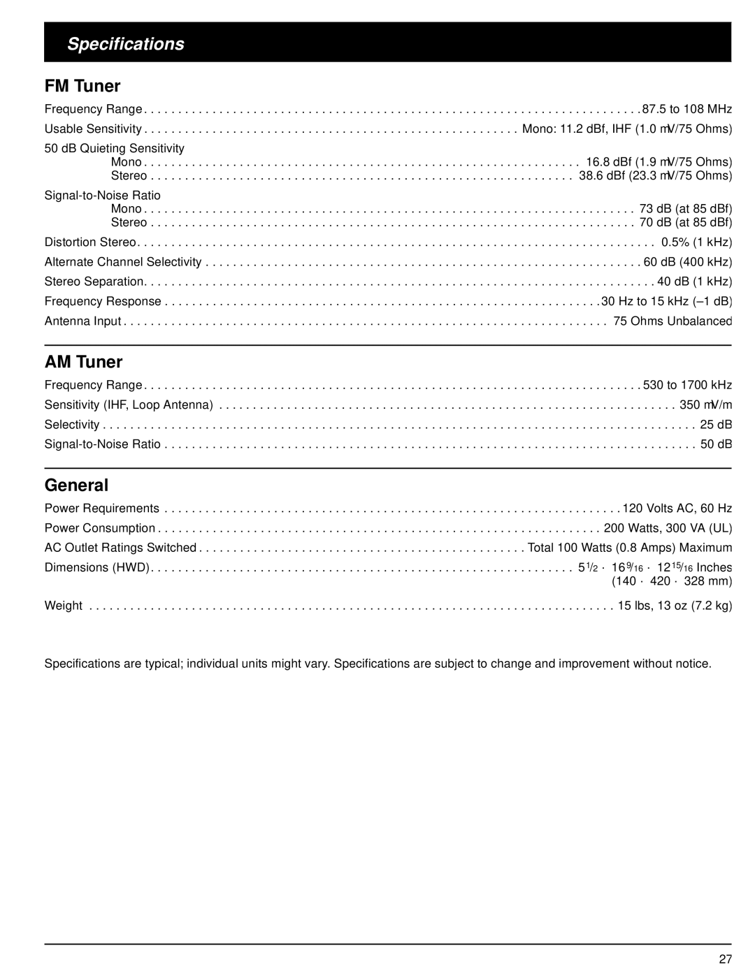 Optimus 31-3035, STAV-3570, STAV-3560, 31-3036 owner manual Specifications, FM Tuner, AM Tuner, General 