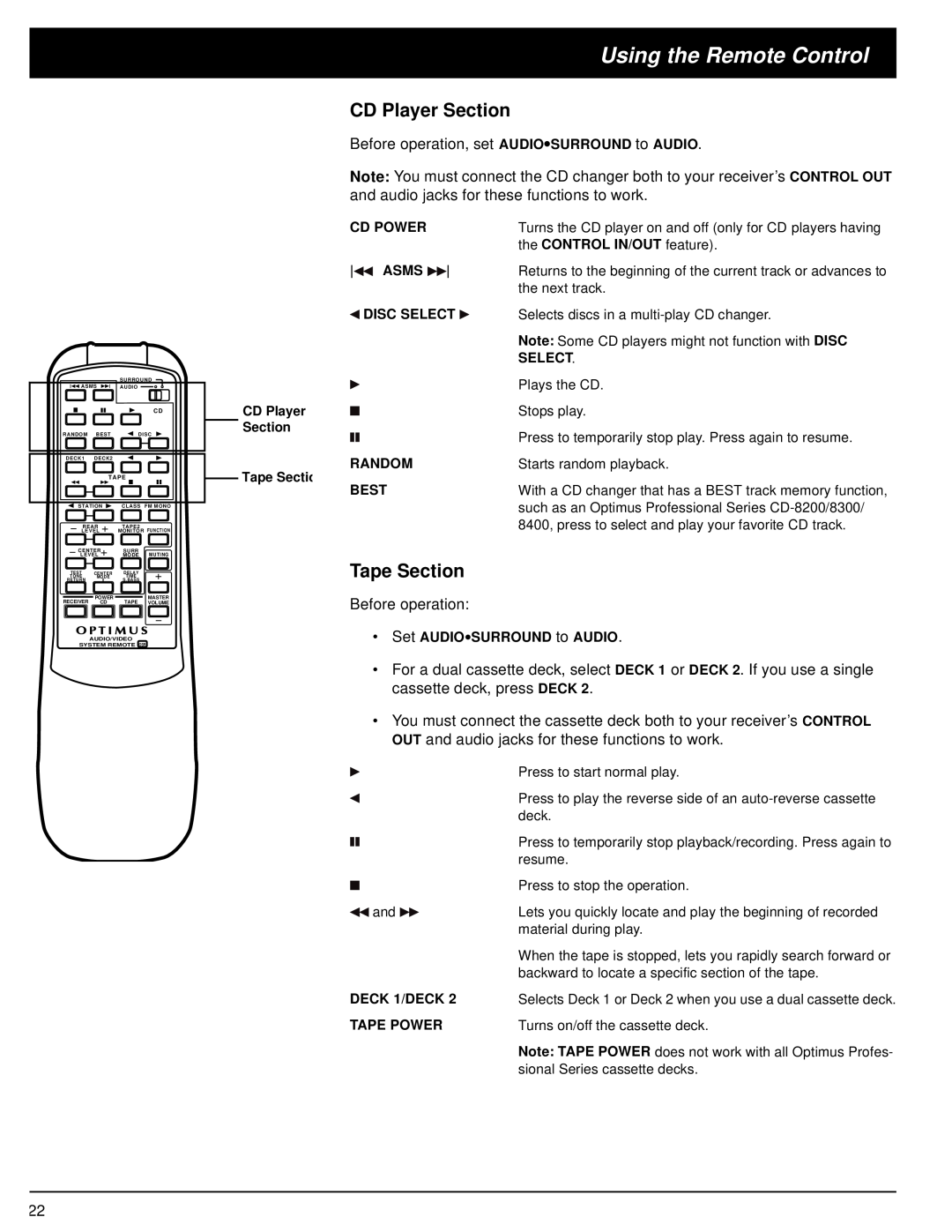 Optimus 31-3036, STAV-3570, STAV-3560, 31-3035 owner manual Using the Remote Control, CD Player Section, Tape Section 