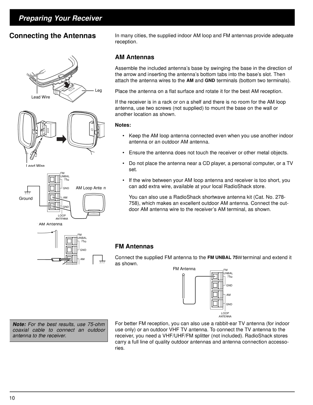 Optimus STAV-3580 owner manual Connecting the Antennas, AM Antennas, FM Antennas 