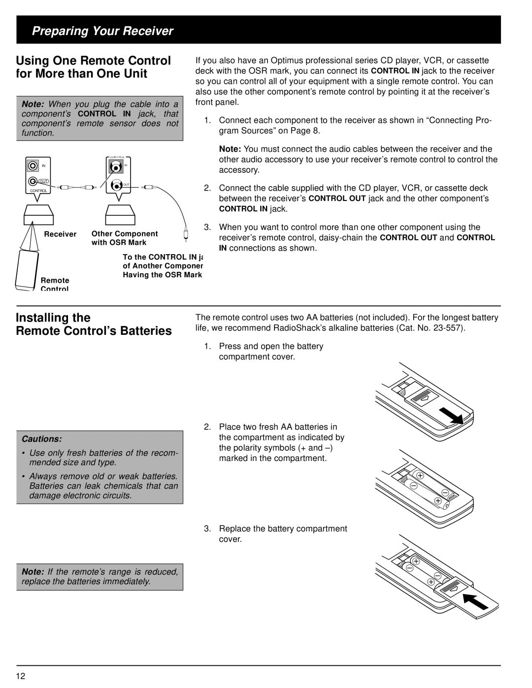 Optimus STAV-3580 owner manual Installing Remote Control’s Batteries, Using One Remote Control for More than One Unit 