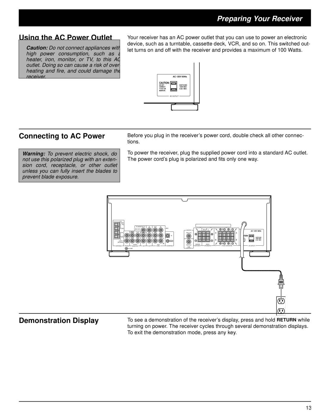 Optimus STAV-3580 owner manual Using the AC Power Outlet, Connecting to AC Power, Demonstration Display 