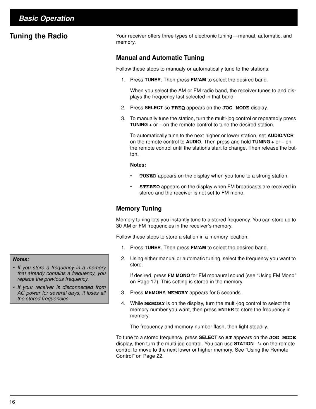 Optimus STAV-3580 owner manual Tuning the Radio, Manual and Automatic Tuning, Memory Tuning 