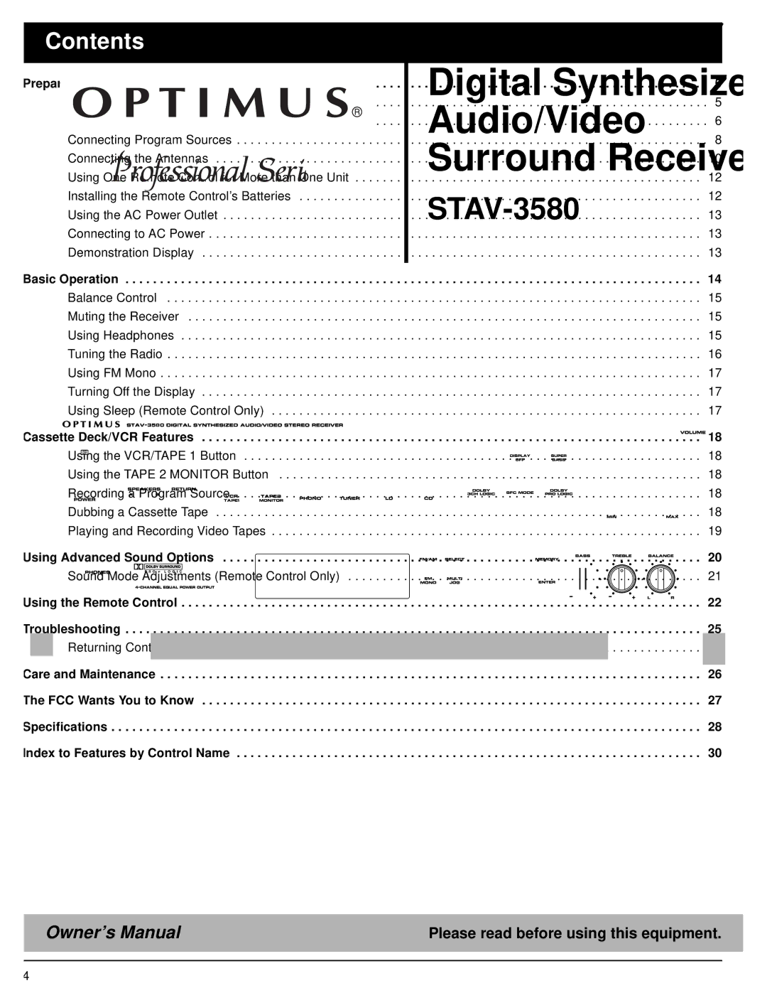 Optimus STAV-3580 owner manual Contents 