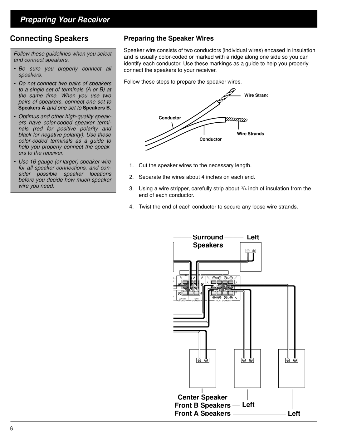 Optimus STAV-3580 Preparing Your Receiver, Connecting Speakers, Preparing the Speaker Wires, Surround Left Speakers 