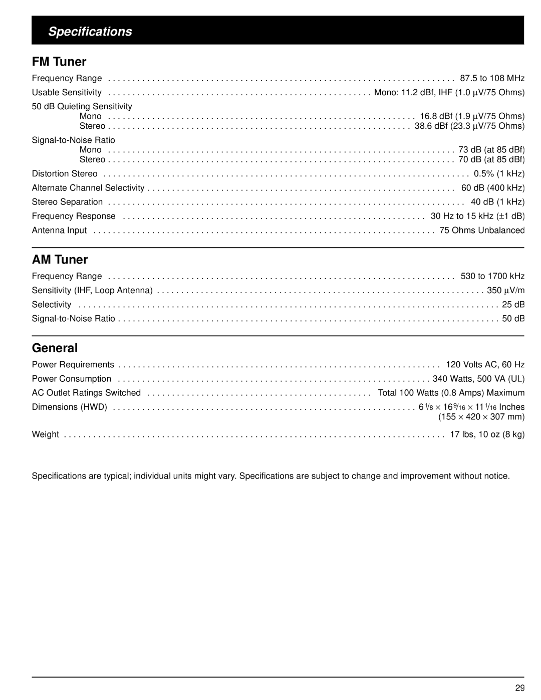 Optimus STAV-3580 owner manual Specifications, FM Tuner, AM Tuner, General 