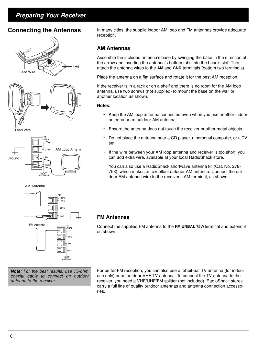 Optimus STAV-3590 owner manual Connecting the Antennas, AM Antennas, FM Antennas 