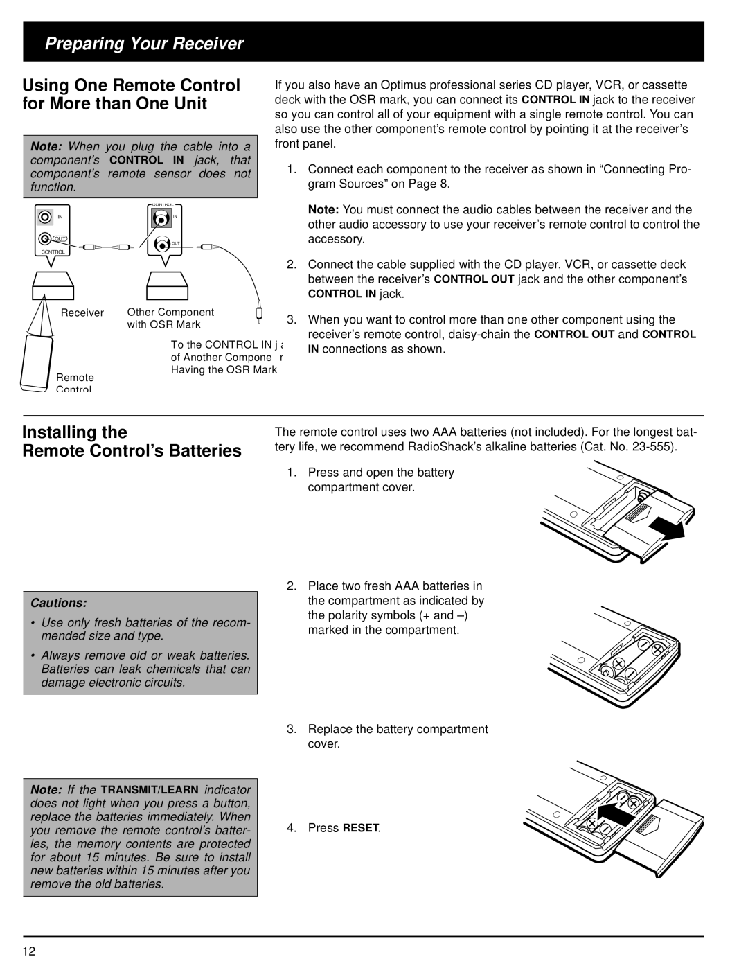 Optimus STAV-3590 owner manual Installing Remote Control’s Batteries 