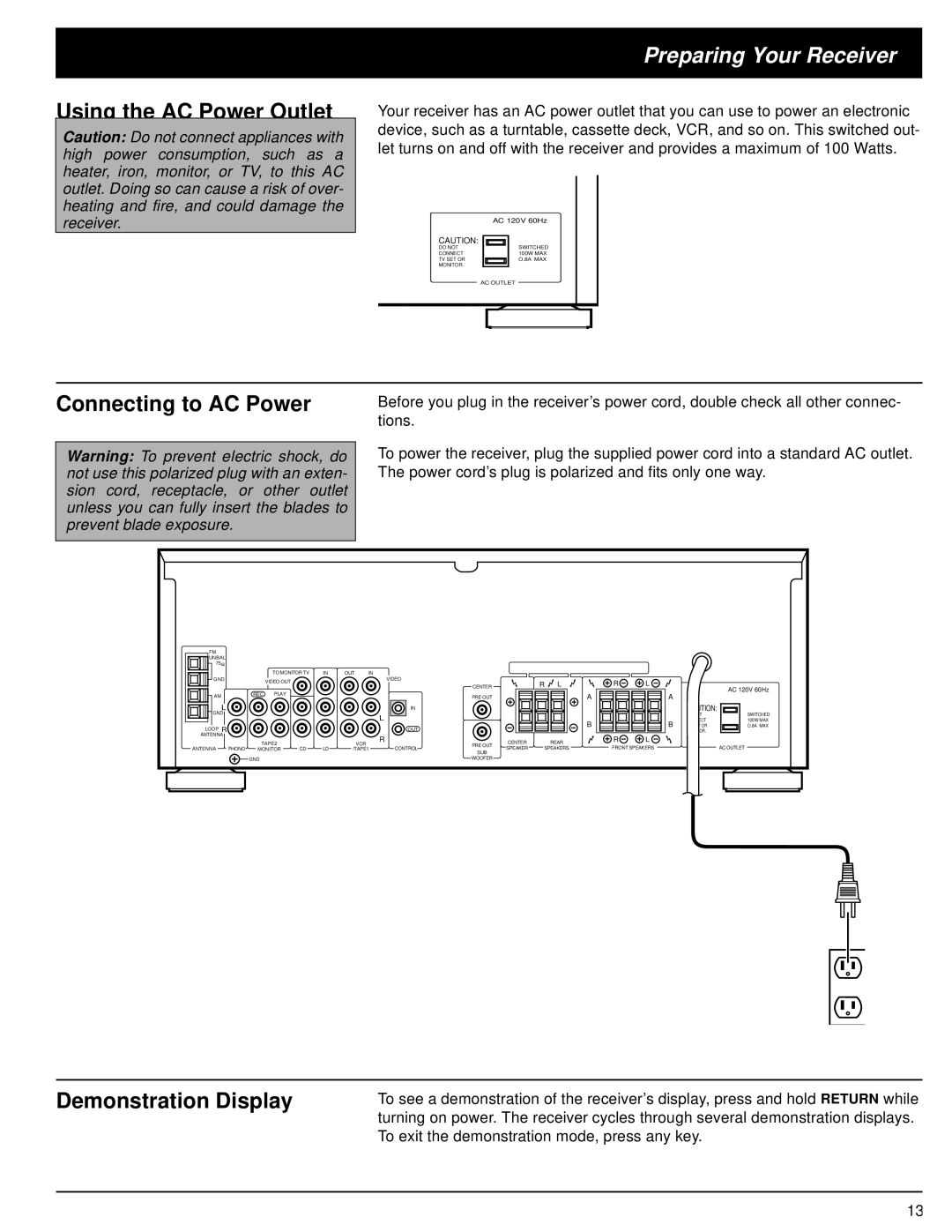 Optimus STAV-3590 owner manual Using the AC Power Outlet, Connecting to AC Power, Demonstration Display 