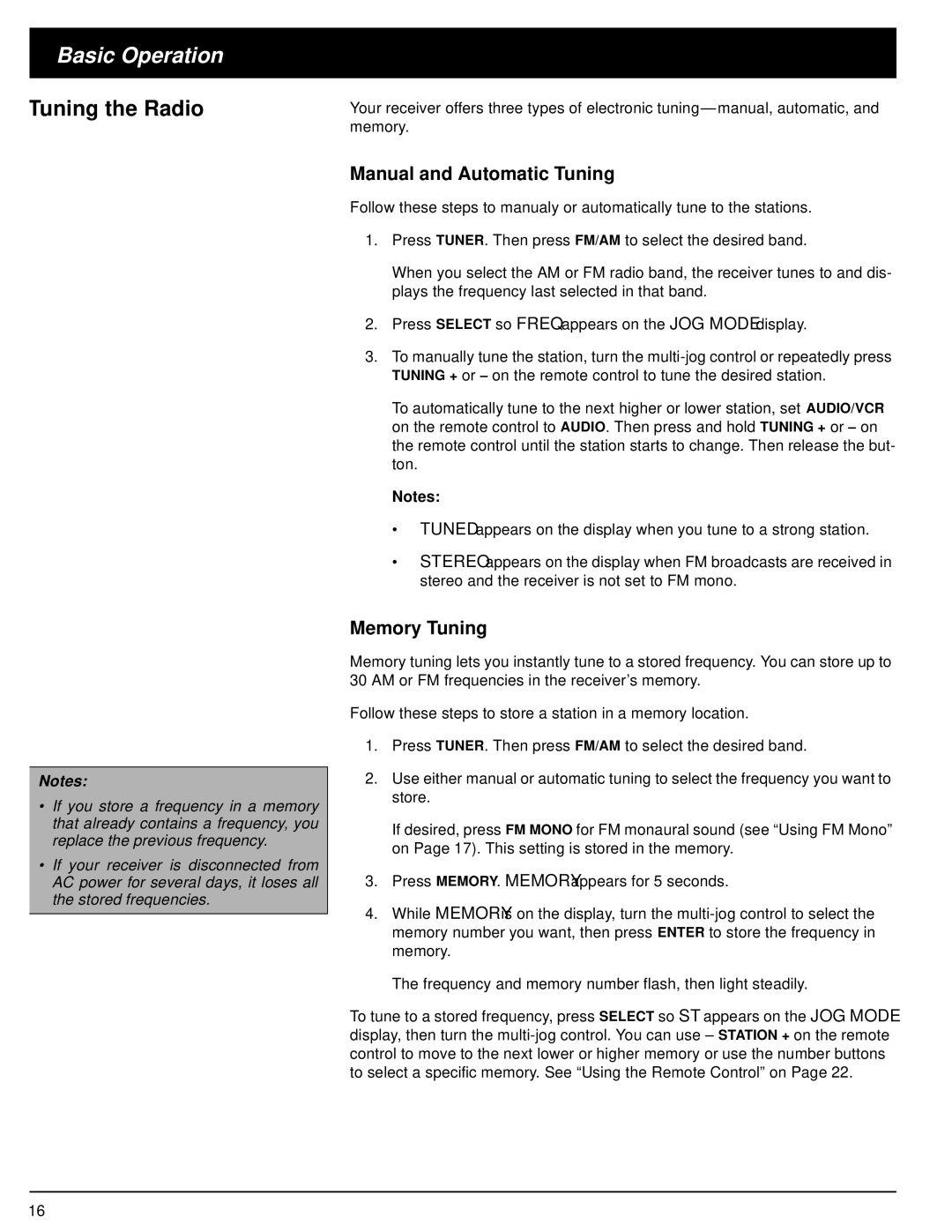 Optimus STAV-3590 owner manual Tuning the Radio, Manual and Automatic Tuning, Memory Tuning 