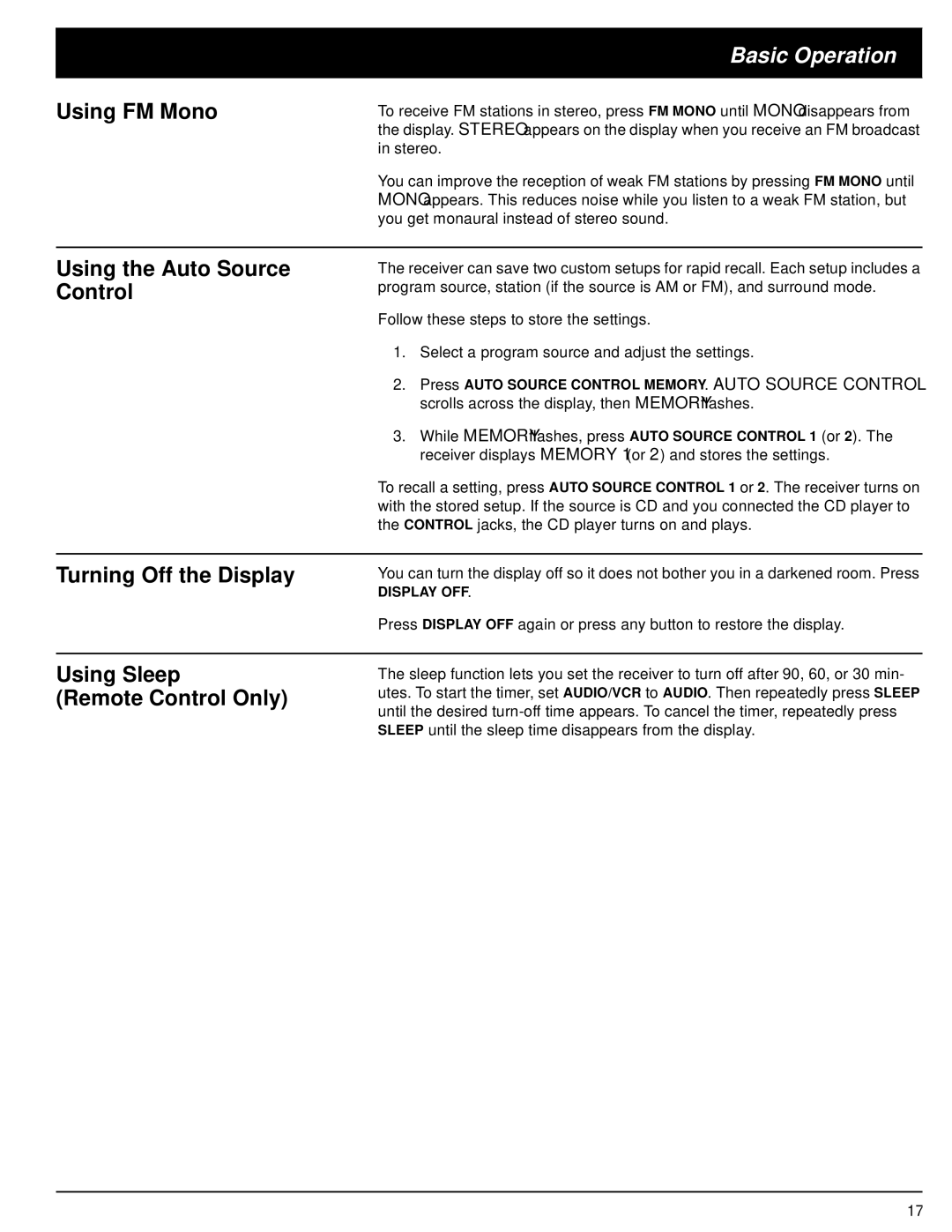 Optimus STAV-3590 Using FM Mono, Using the Auto Source Control, Turning Off the Display, Using Sleep Remote Control Only 